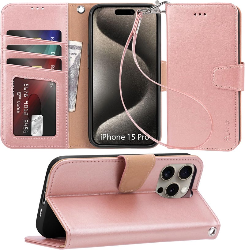Arae Compatible with iPhone 15 Pro Case with Card Holder and Wrist Strap Wallet Flip Cover for iPhone 15 Pro 6.1 inch,Rose Gold - Image 1